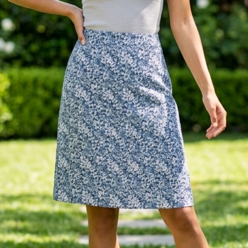 Ann Taylor Blue Linen Floral Print Skirt Knee Length Office Work A-line Casual